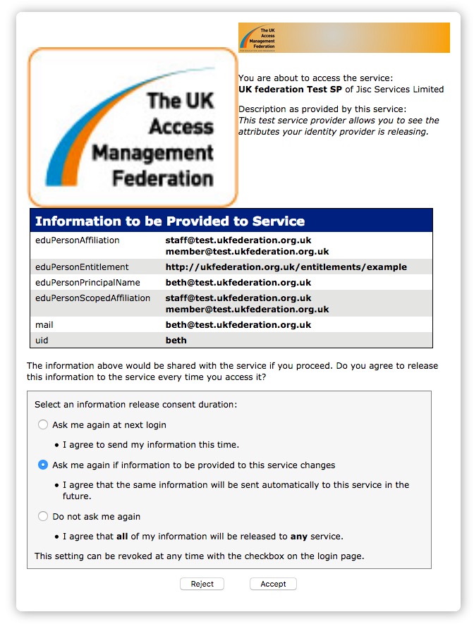 Consent page from IdP, asking for consent to release attributes